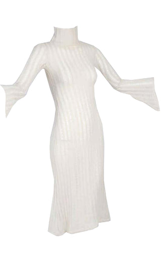 1970s Vintage Ivory Cream Knit Bell Sleeve Dress