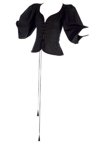 Yves Saint Laurent black puff sleeve lace up corset top 1977