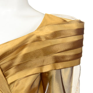 Vintage Gold Organza Evening Statement Blouse Pleated shawl collar