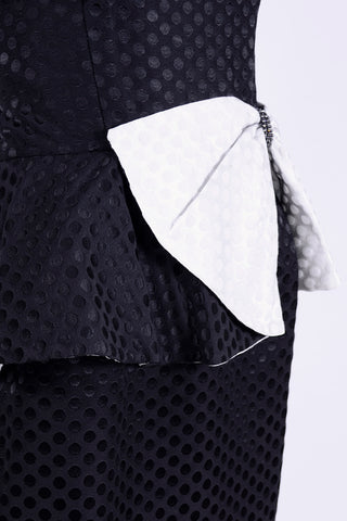 1980's polka dot black dress with white bow peplum