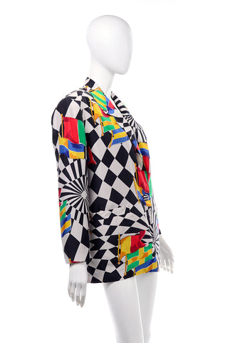 Vintage Carol Horn Black and White Checkered Silk Blazer with Flag Print