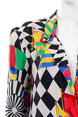 1980s Carol Horn Colorful Silk Flag Print Blazer Jacket