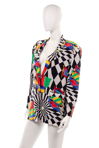 1980s Carol Horn Black and White Checked Blazer with Colorful Flags