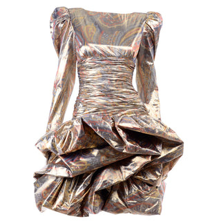 1980s Gold Copper Silver Lame Drama Pouf Vintage Dress