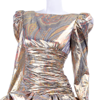 1980s Gold Copper Silver Lame 80s Pouf Vintage Dress