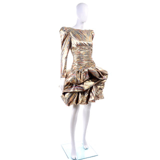 1980s Gold Copper Silver Lame Pouf Vintage Party Dress