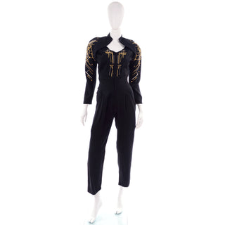 Vintage 1980s Gold Embroidered Black Jumpsuit With Studs 80s