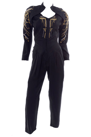 Vintage 1980s Gold Embroidered Black Jumpsuit With Studs