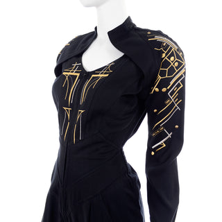 Vintage 1980s Gold Embroidered Black Jumpsuit With Studs Unique