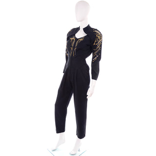 Vintage 1980s Gold and Silver Embroidered Black Jumpsuit With Studs