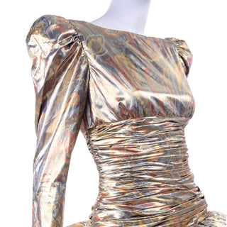 1980s Party Gold Copper Silver Lame Pouf Vintage Dress