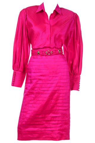 Saturated Pink Vintage Thai Silk Custom 2pc Dress w Statement Sleeves & Pleats