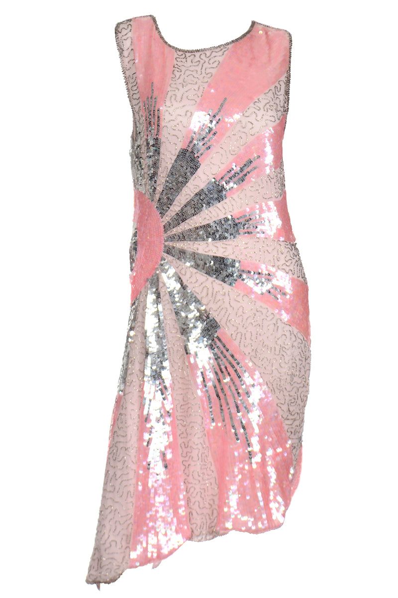 1980s sequin dress Asymmetrical Vintage Pink Beaded Silk Evening Dress w Sequins – Modig