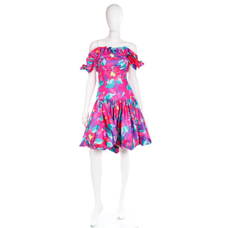 Colorful 1980s Vintage Pink Multi Colored Floral Ruffled Bubble Dress