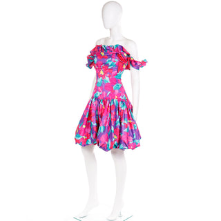 Ruffled 1980s Vintage Pink Multi Colored Floral Ruffled Bubble Dress 4/6
