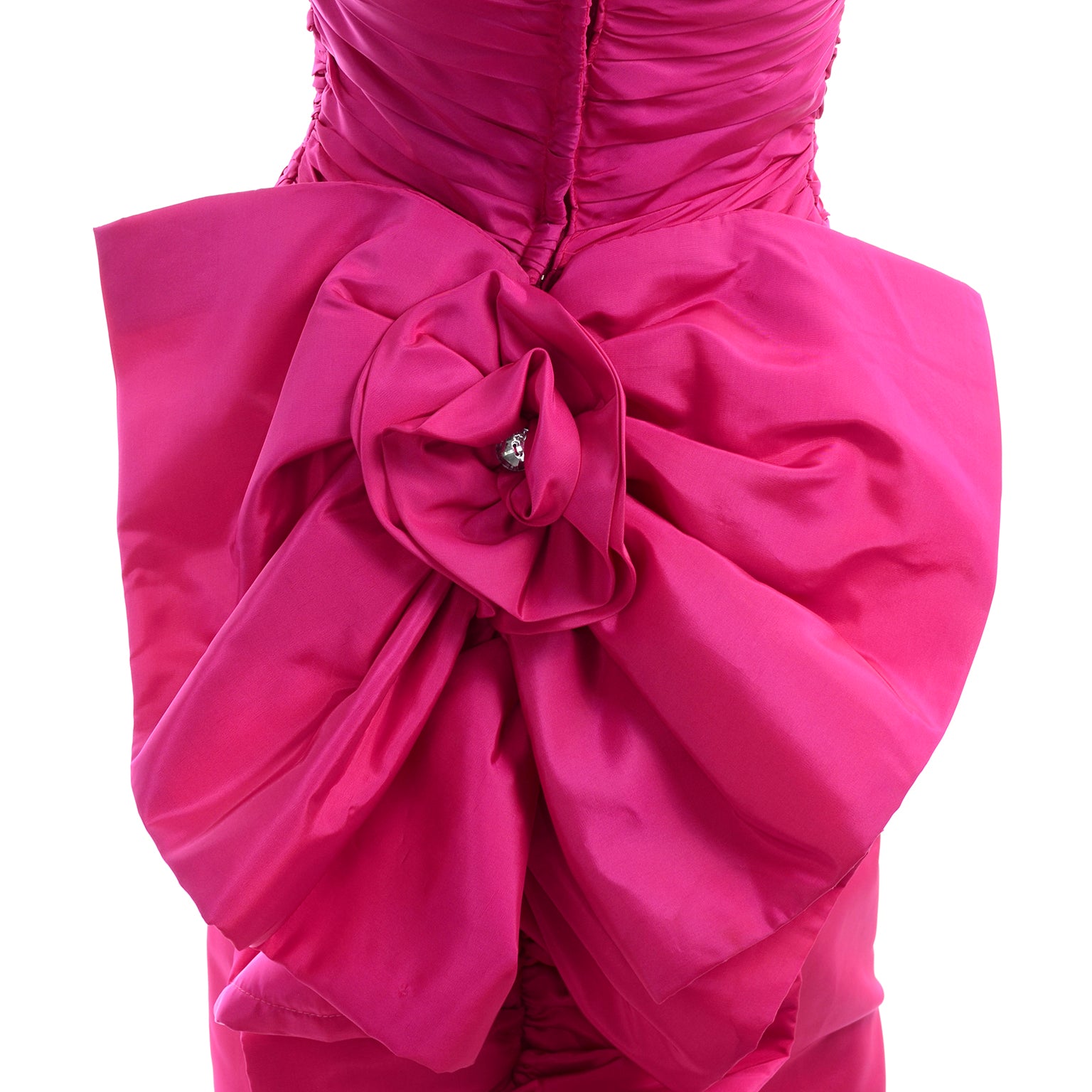 1980s Vintage Bright Pink Evening Dress w/ Giant Bow & Ruching 4/6 – Modig 1980s Vintage Bright Pink Evening Dress w/ Giant Bow & Ruching 4/6 – Modig