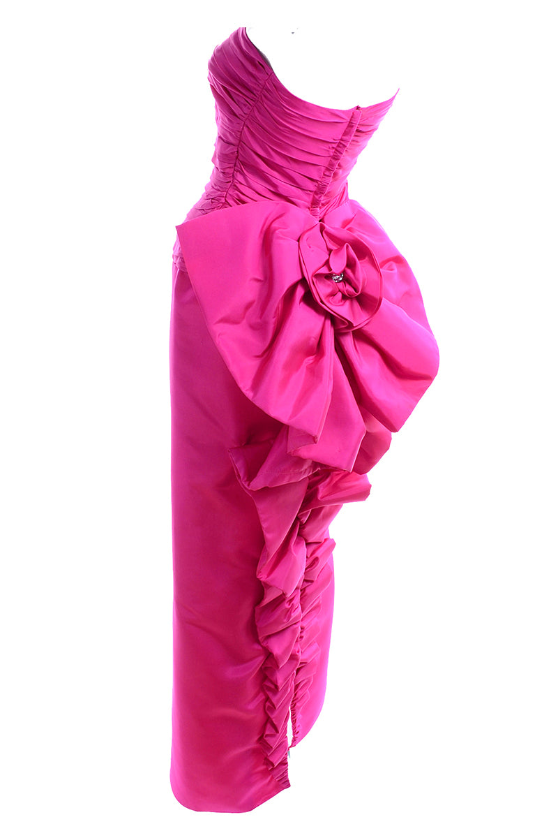 1980s Vintage Bright Pink Evening Dress w/ Giant Bow & Ruching 4/6 Modig 1980s Vintage Bright Pink Evening Dress w/ Giant Bow & Ruching 4/6 Modig
