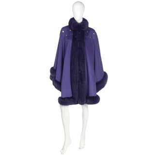 Vintage Revillon Purple Wool Studded Cape w Dyed Fox Fur Trim