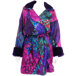 Vintage Gianni Versace Quilted Colorful Jacket With Purple Faux Fur Cuffs and Collar 80s coat