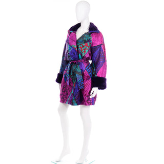 Vintage Gianni Versace Quilted Colorful Jacket With Purple Faux Fur Cuffs and Collar
