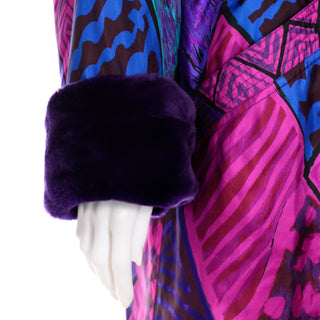 Vintage Gianni Versace Quilted Colorful Jacket With Purple Faux Fur Cuffs and Collar Coat