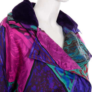 Vintage Coat Gianni Versace Quilted Colorful Jacket With Purple Faux Fur Cuffs and Collar