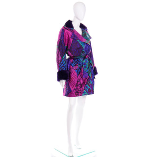 Vintage Versace Coat Quilted Colorful Jacket With Purple Faux Fur Cuffs and Collar
