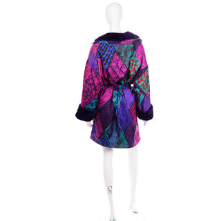 Vintage Versace Quilted Colorful Jacket With Purple Faux Fur Cuffs and Collar 80s Coat