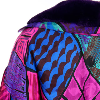 Gianni Versace Quilted Colorful Jacket With Purple Faux Fur Cuffs and Collar 80s coat vintage