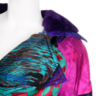 Gianni Versace Quilted Colorful Jacket With Purple Faux Fur Cuffs and Collar Vintage coat