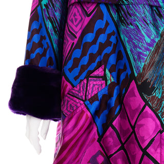 Gianni Versace Quilted Colorful Jacket With Purple Faux Fur Cuffs and Collar