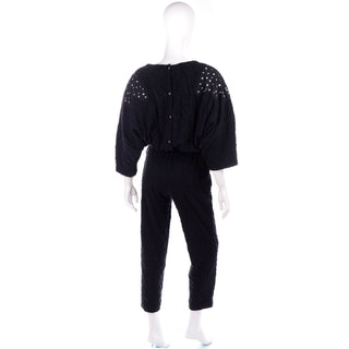 1980s Vintage Black Crinkle Jumpsuit W Rhinestones Hi Tech by Dina