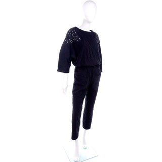 1980s Vintage Black Crinkle Jumpsuit W Rhinestones