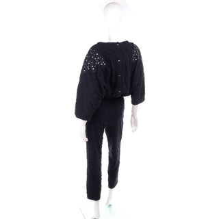 1980s Vintage Black Crinkle Jumpsuit W Rhinestones & Dolman Sleeves