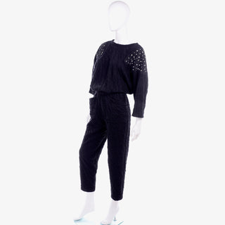 Hi Tech 1980s Vintage Black Crinkle Jumpsuit W Rhinestones