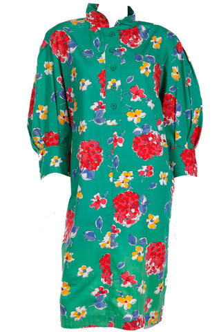 1985 Yves Saint Laurent Green floral Cotton Runway Dress