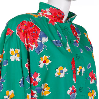 1985 Yves Saint Laurent Green floral Cotton Runway Dress Bold Flowers