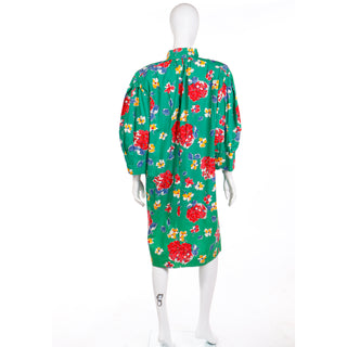 YSL 1985 Yves Saint Laurent Green floral Cotton Runway Dress Made in France