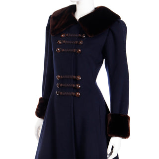 1976 Yves Saint Laurent Haute Couture Cossack Coat w Sheared Fur Trim Navy Blue Wool