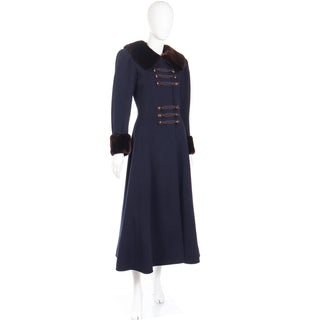 1976 Yves Saint Laurent Haute Couture Cossack Navy Wool Coat w Sheared Fur Trim