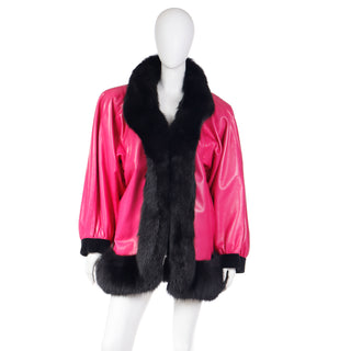 1987 Vintage YSL Pink Leather Oversized Coat with Fur Trim