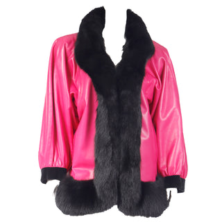 1980s Yves Saint Laurent Pink Leather Coat with Black Fur Trim