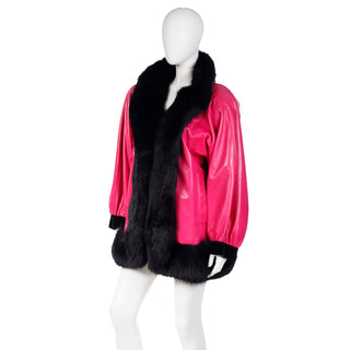1987 YSL HC Pink Leather Oversized Jacket w Fur Trim