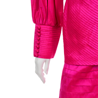 Hot Pink Vintage Thai Silk Custom 2pc Dress w Statement Sleeves & Unique Pleats