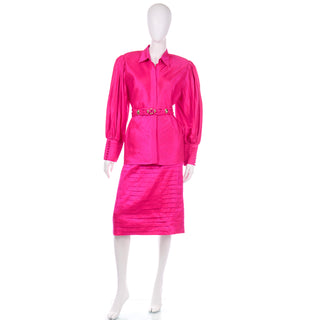 Hot Pink Vintage Thai Silk Custom 2pc Dress w Statement Sleeves 