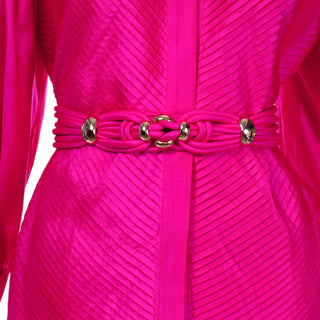 Hot Pink Vintage Thai Silk Custom 2pc Dress w Statement Sleeves & Pleats braided belt 1980s