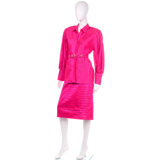 Vintage 1980s statement blouse in pink with matching pleated skirt