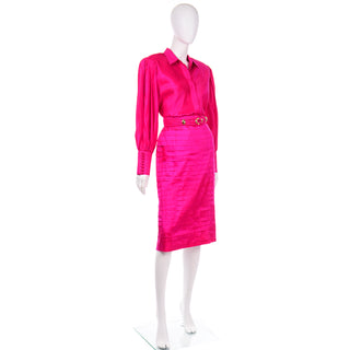 Hot Pink Vintage Thai Silk Custom 2pc Dress w Statement Sleeves & Pleats and belt