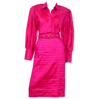 Hot Pink Vintage Thai Silk Custom 2pc Dress w Statement Sleeves & Pleats with belt 1980s 