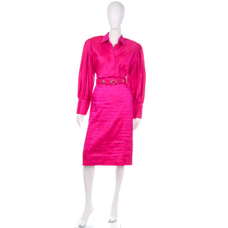1980s Hot Pink Vintage Thai Silk Custom 2pc Dress w Statement Sleeves & Pleats